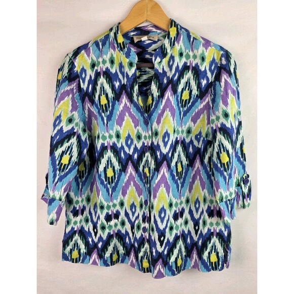 Jones New York Womens Shirt Size Petite PM Blue Linen 3/4 Sleeve Button Down Top - Picture 13 of 13